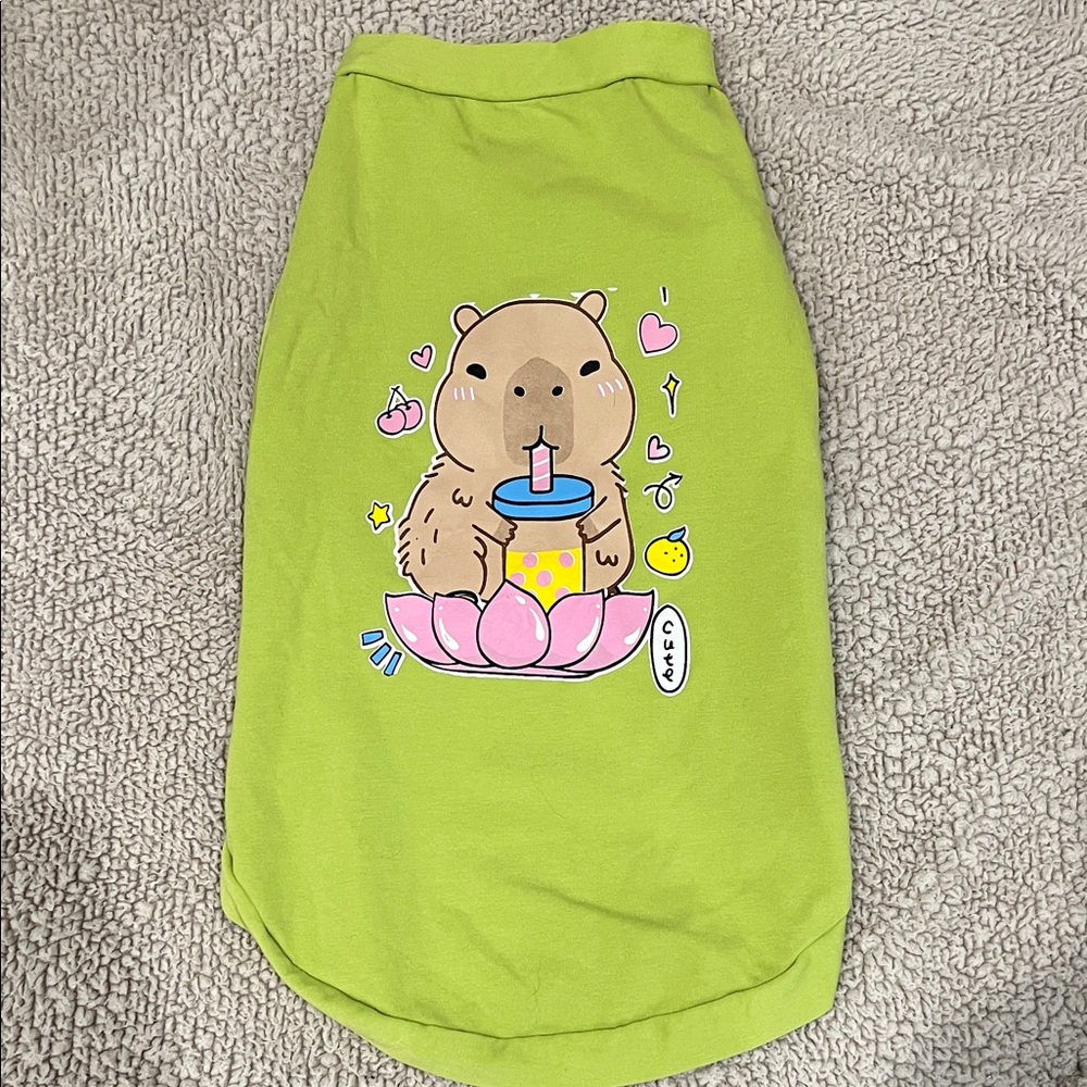 Cute Green Cartoon Capybara Drink Graphic Tee